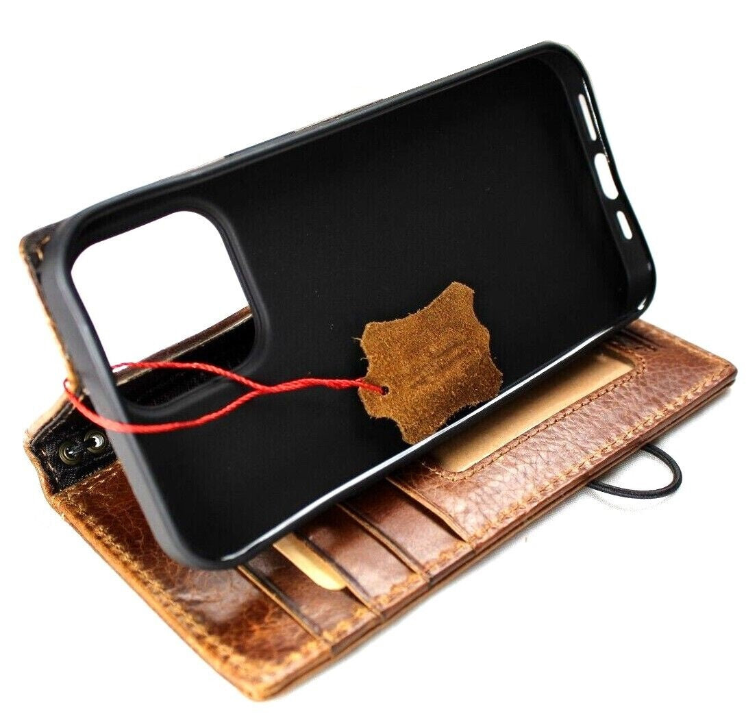 Genuine leather phone case for iPhone 11-15 Pro Max, handcrafted by DAVISCASE with vintage tan leather, credit card slots, and full grain leather.
