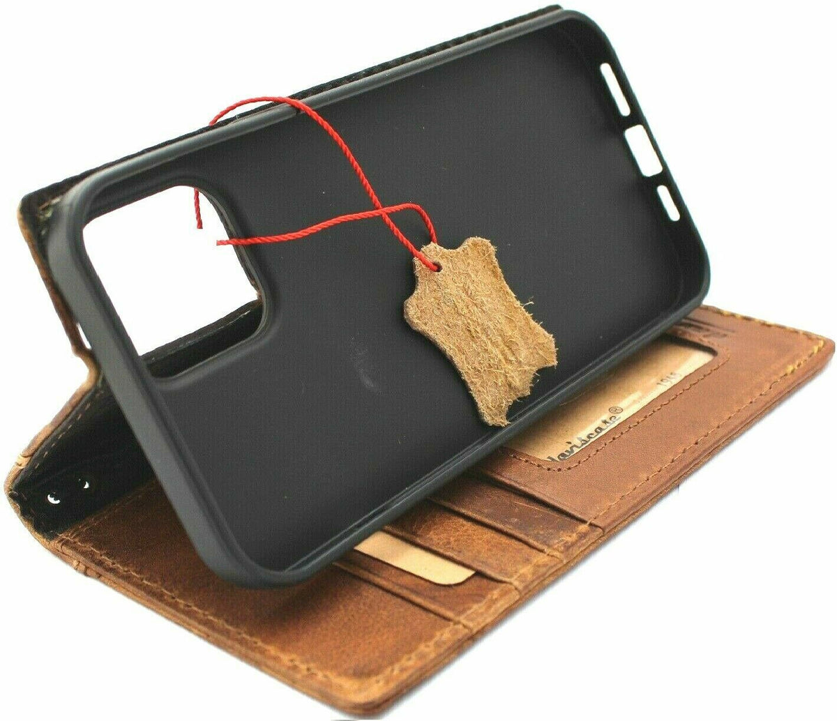 Handmade genuine leather phone case for Samsung Galaxy S22, S21, S20, Note 20, A71, A51, with wallet and paw dog design by DAVISCASE.