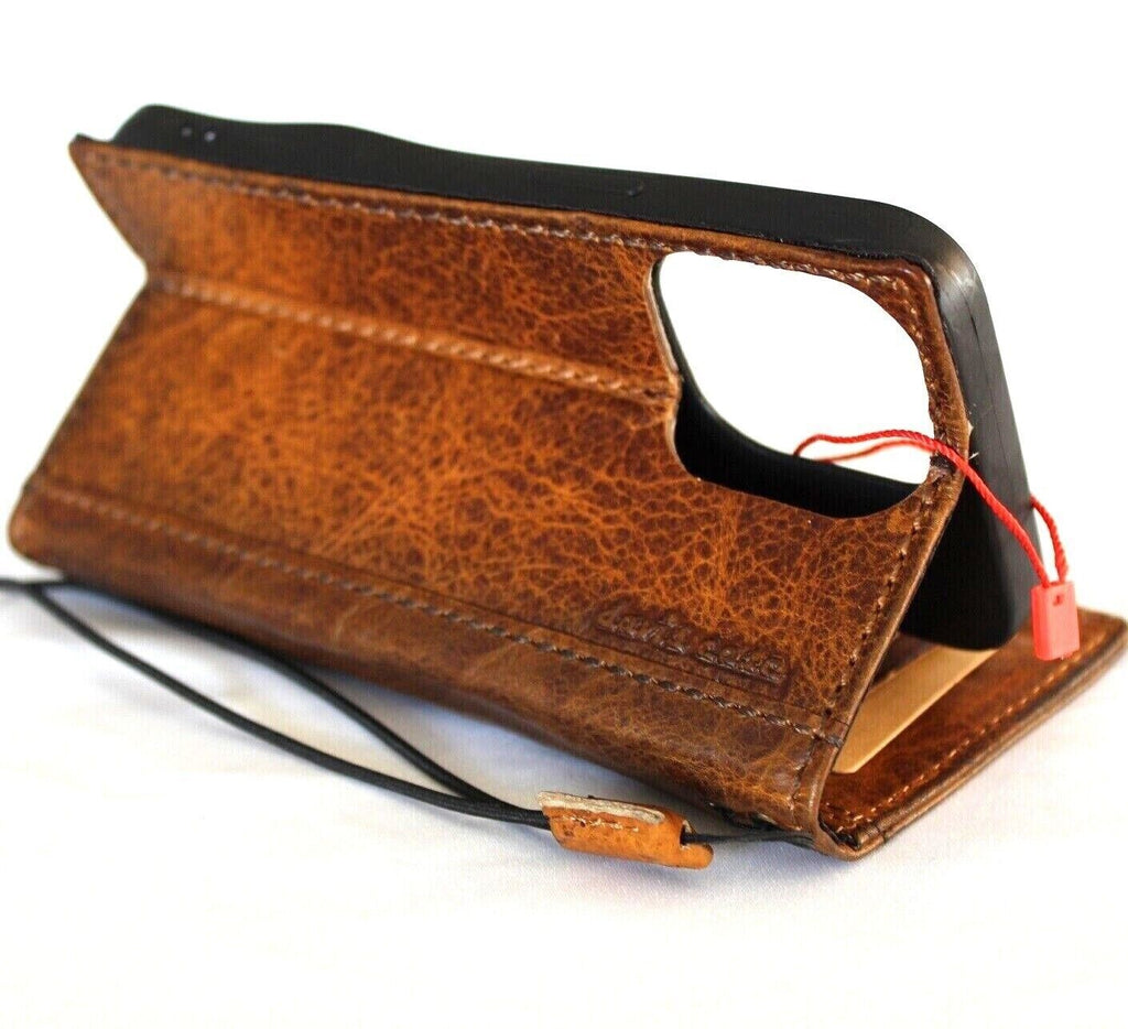 Genuine leather phone case for iPhone 11-16 Pro Max, DAVISCASE, vintage tan style, with credit card slots and embossed design.