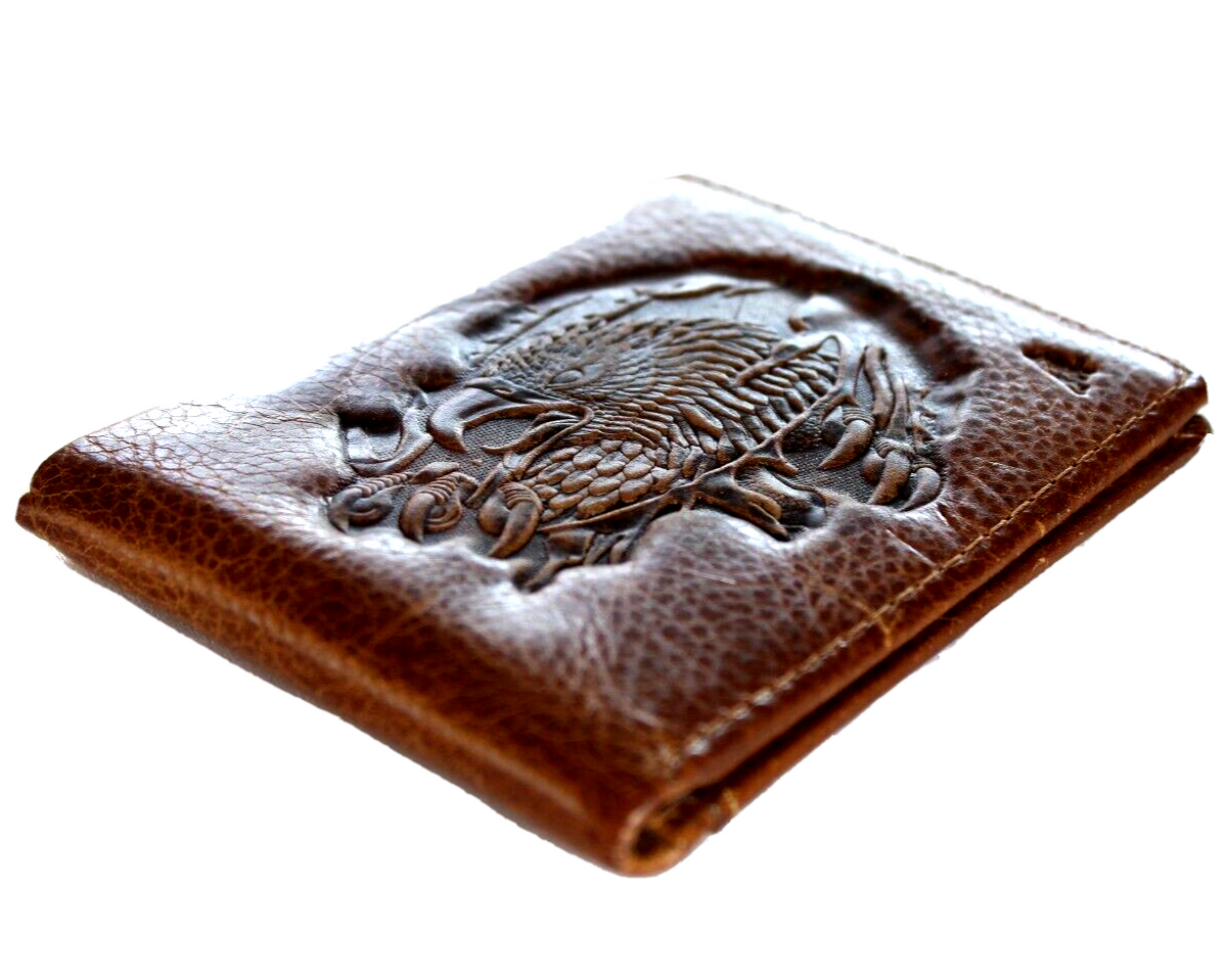 Men's genuine leather wallet by DAVISCASE with credit card slots, bill compartment, and Tree of Life design in tan leather.