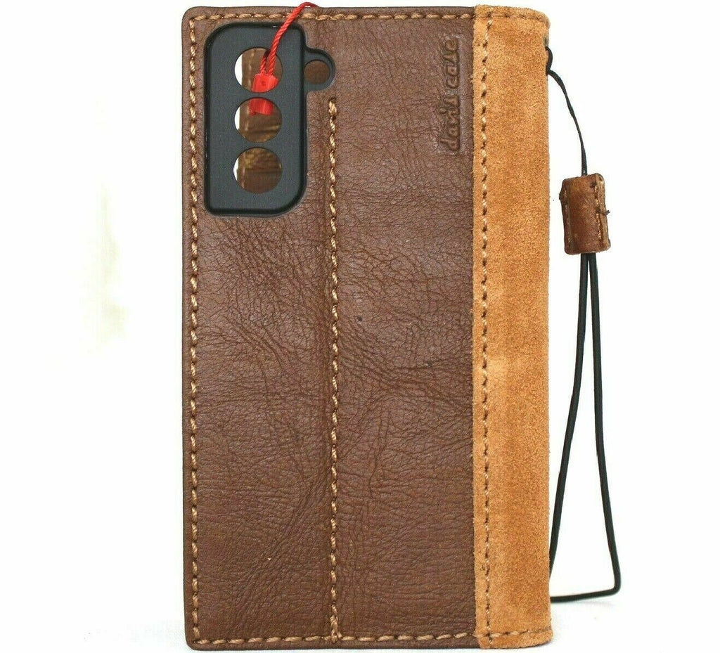 DavisCase genuine soft leather Galaxy S21 Plus 5G book wallet cover with tan suede style, card slots, ID window, wireless charging compatible