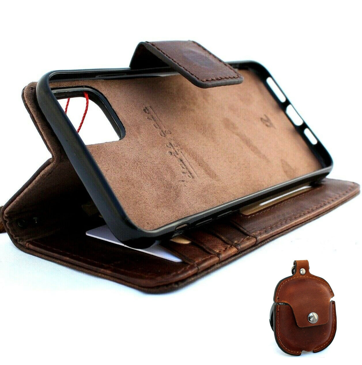 Handmade genuine leather iPhone 11 Pro Max case with wallet, credit card holder, magnetic closure, and AirPods 2 compartment by DAVISCASE.