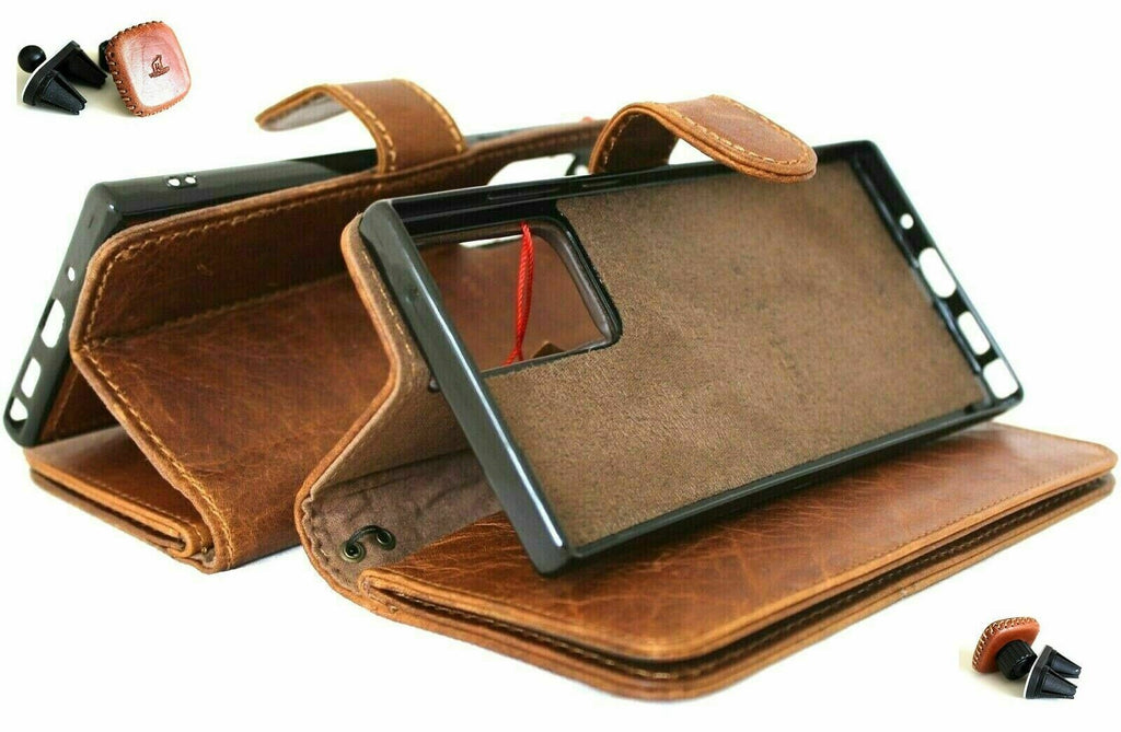 Genuine tanned leather case for Samsung Galaxy Note 20 5G by DAVISCASE with card window, magnetic stand, slim design, and removable cover.