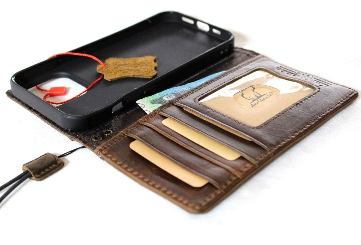 DavisCase genuine leather phone case for iPhone 11-15 Pro Max, vintage tan, with credit card slots and wallet-style design.