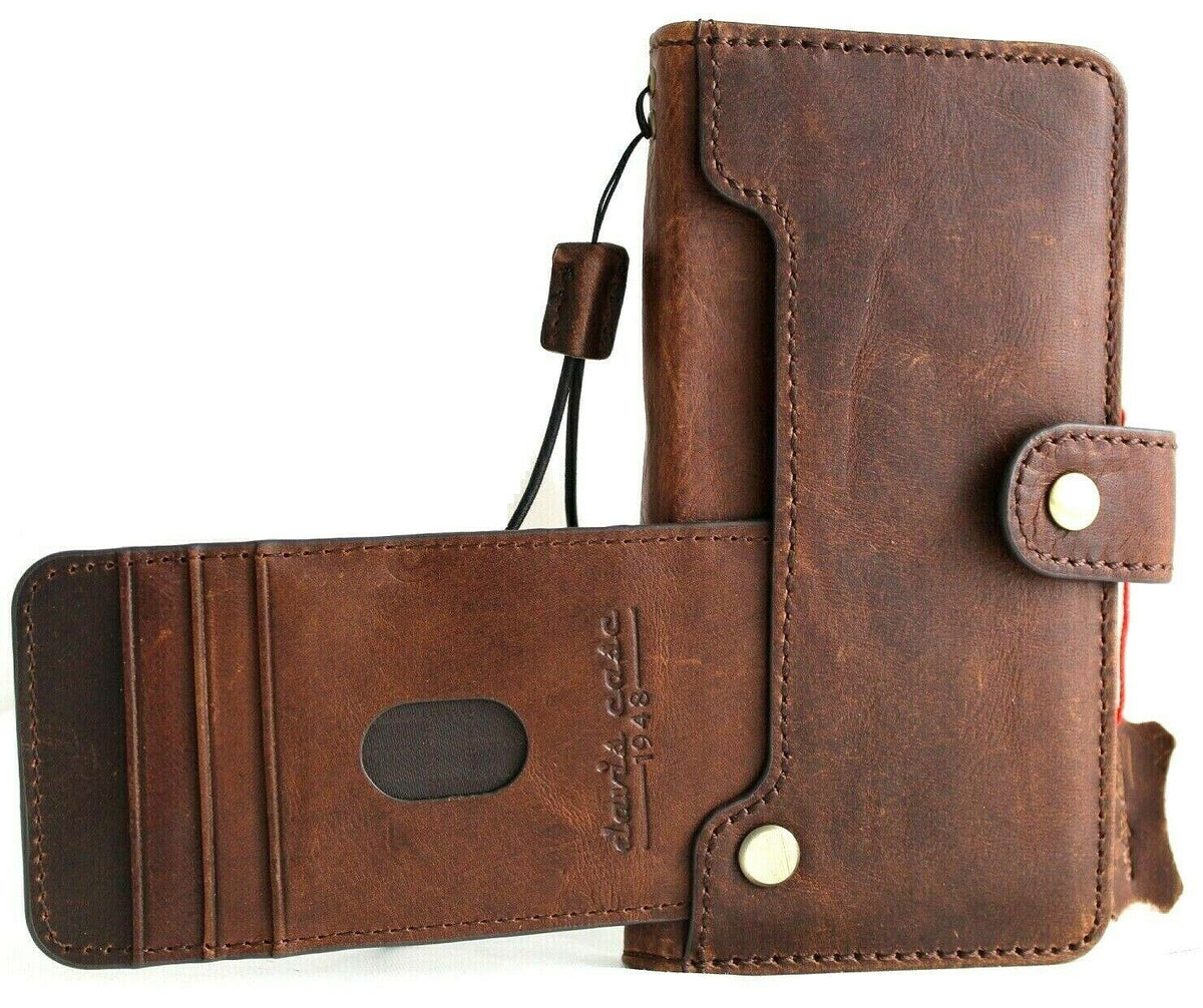 Genuine Italian leather Samsung Galaxy S21 wallet case by DavisCase, handmade with rubber holder, dark color, wireless charging compatible
