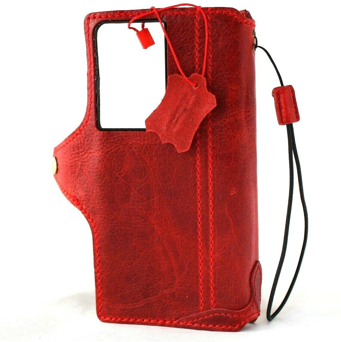 Handmade genuine leather Samsung Galaxy S21 Ultra 5G case with wallet, credit card slots, rubber holder, and wireless charging compatibility.
