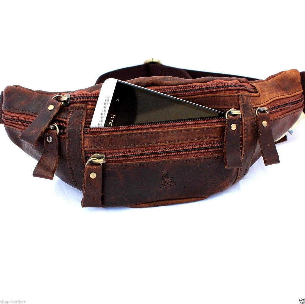 Vintage genuine leather men's wallet and waist pouch with backpack and cellphone compartments, coin purse included.