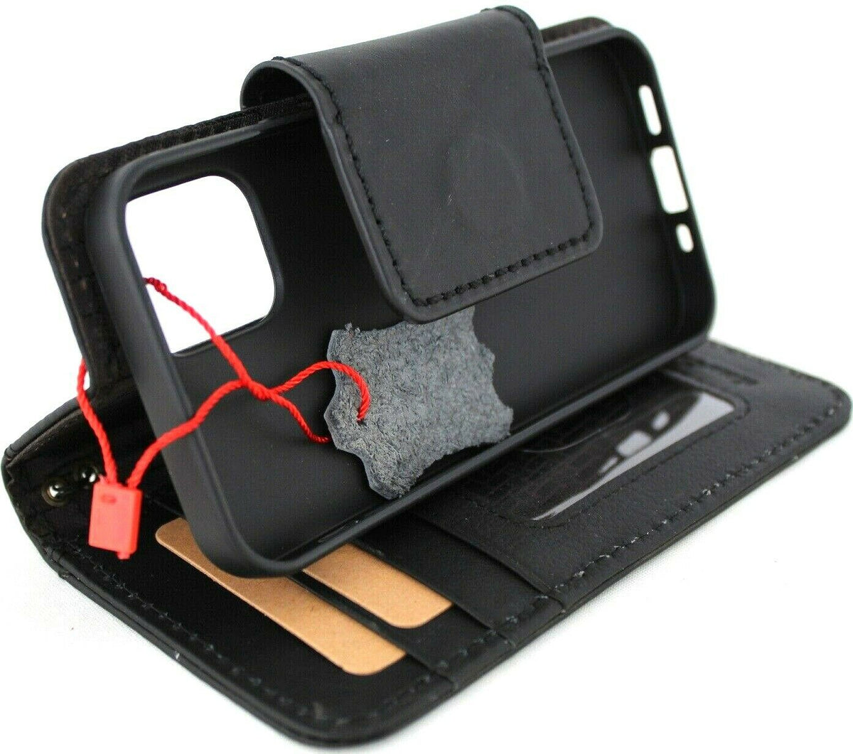 Handmade black leather phone case for iPhone 12 Mini by DAVISCASE with vintage-style wallet design and magnetic closure.