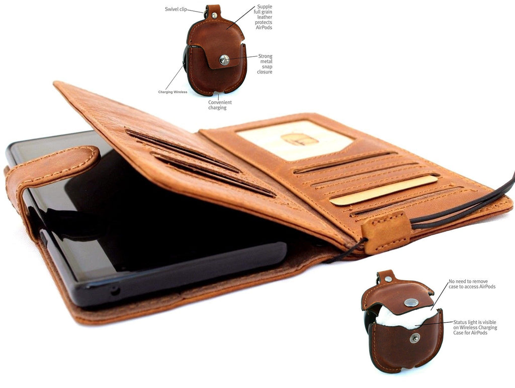 Genuine full leather Samsung Galaxy Note 9 wallet case with card slots, magnetic holder, vintage style, and AirPods 2 pocket.