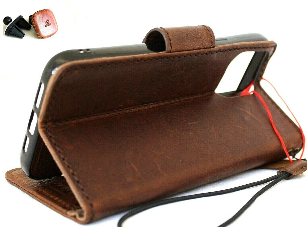 Genuine soft dark leather iPhone 12 Pro Max case by DAVISCASE with wallet design, ID window, credit card slots, and magnetic cover.