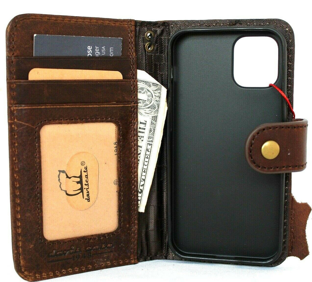 Genuine dark leather iPhone 12 Mini case with vintage book wallet design, credit card slots, slim soft closure by DAVISCASE.
