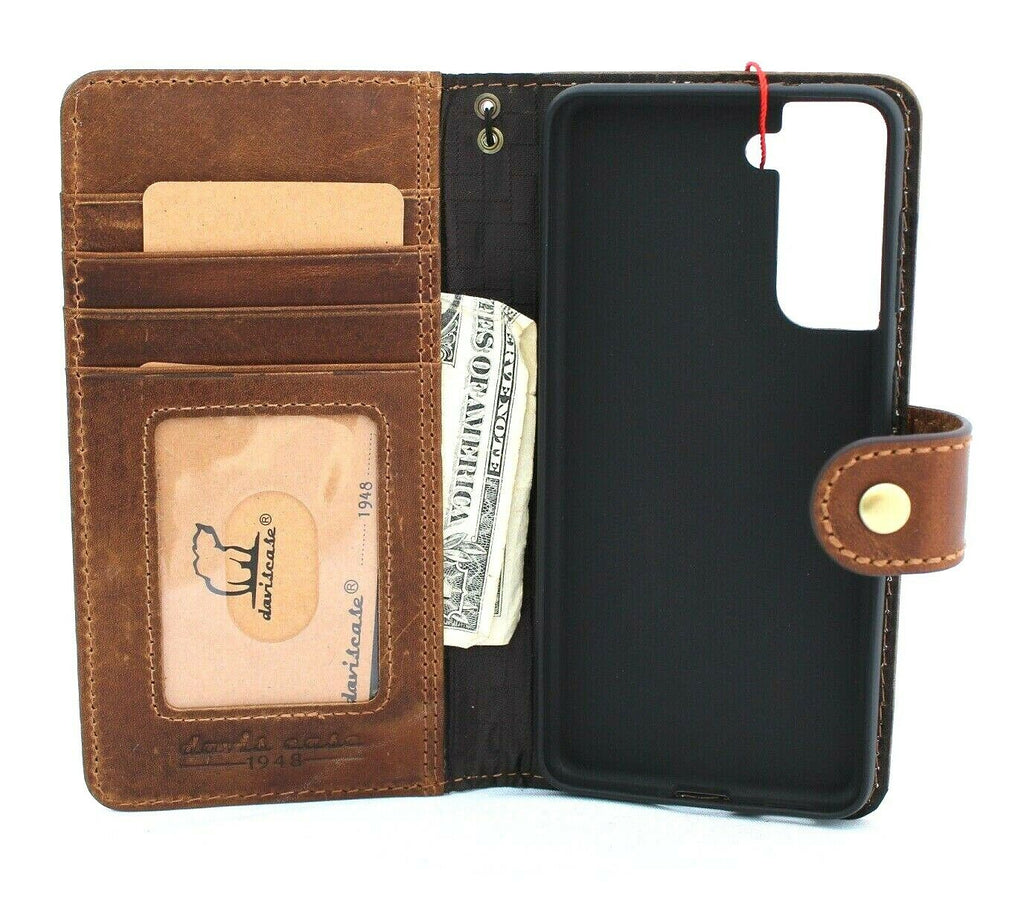 Genuine tan leather Samsung Galaxy S21 book wallet case with card slots, handmade by DavisCase, featuring wireless charging compatibility.