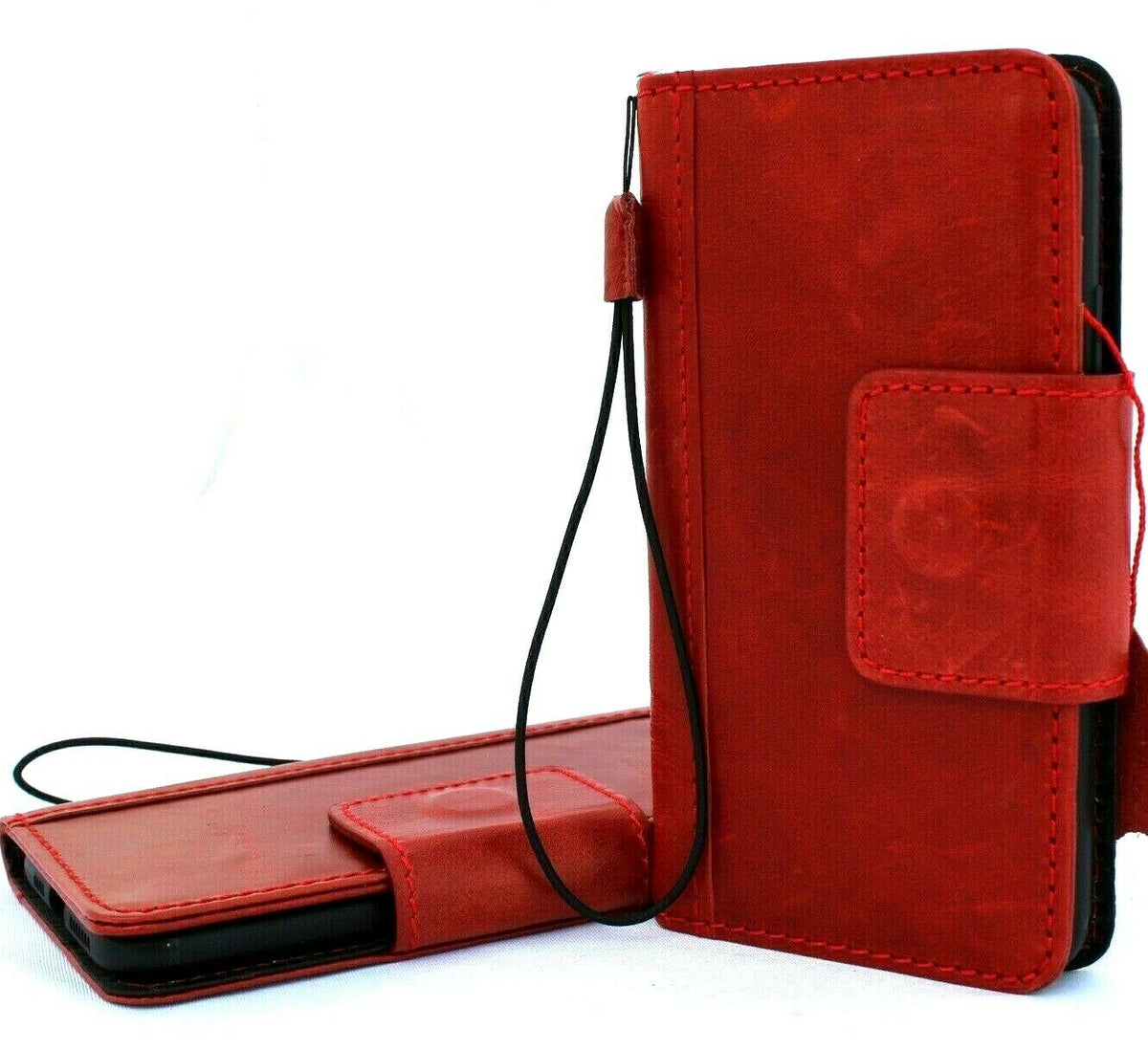 Handmade genuine red leather phone case for Apple iPhone 11 Pro Max by DAVISCASE, with flip wallet and magnetic closure.