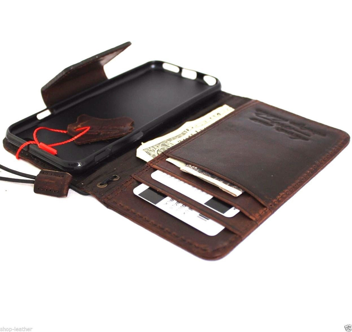 Handmade Italian leather iPhone 6/6s case with wallet credit holder and magnetic closure, showcasing the elegant, durable design.