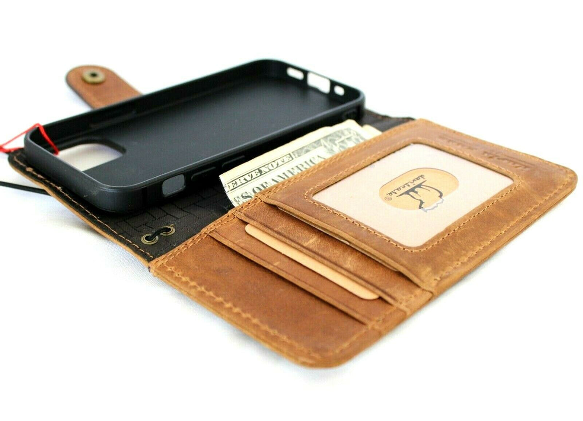 Genuine full tan leather book wallet case for Apple iPhone 12 mini by DAVISCASE, featuring credit card slots and soft closure.