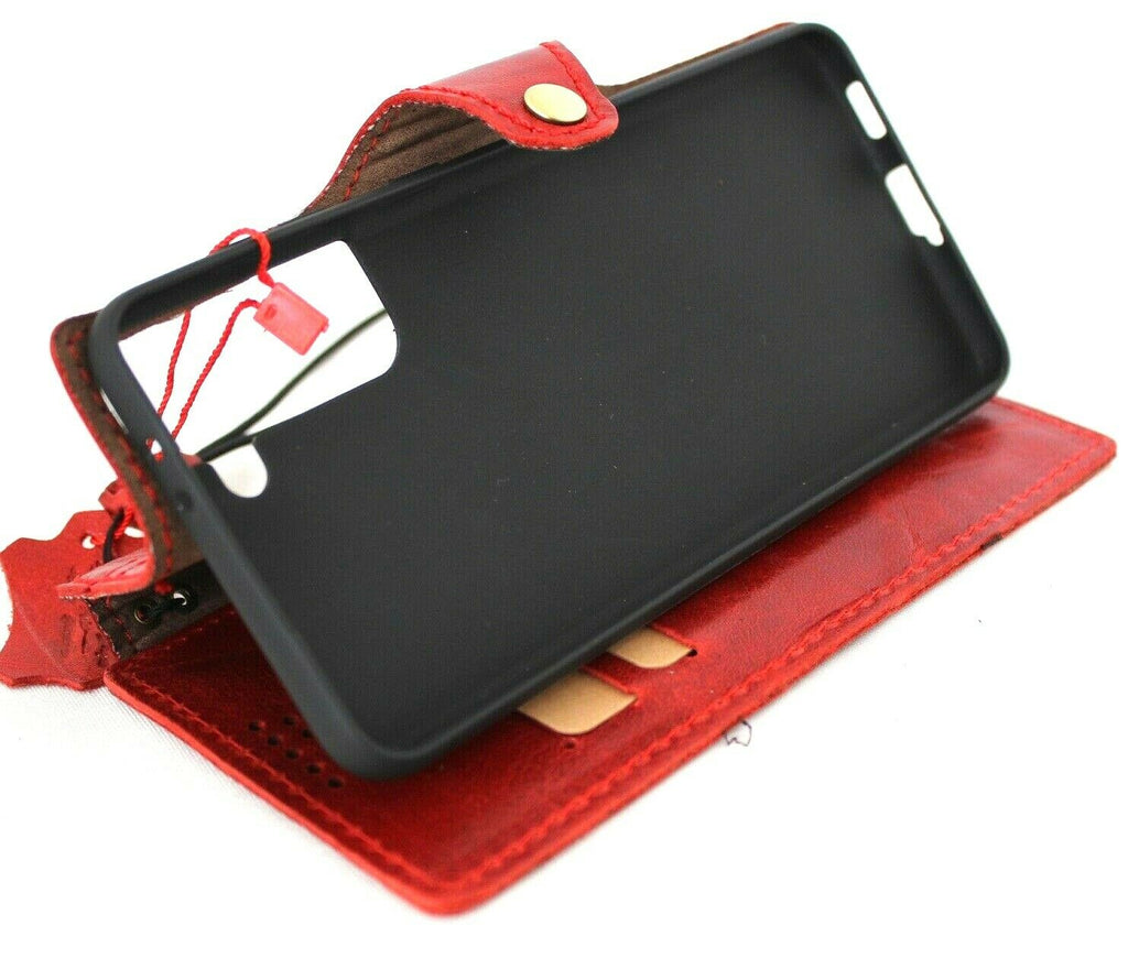 Red genuine vintage leather Samsung Galaxy S21 Plus 5G DavisCase wallet cover with card slots and soft rubber interior.
