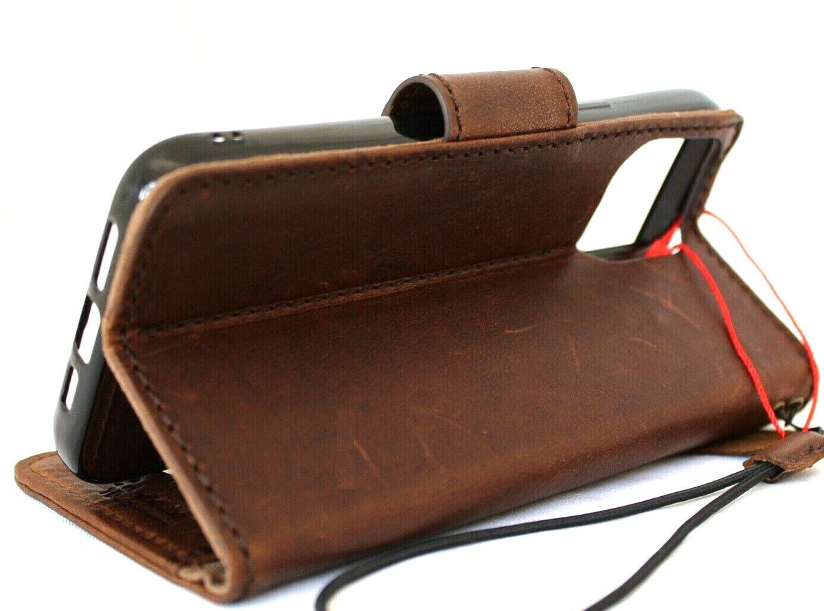 Handmade genuine leather phone case for iPhone 13-17 Pro Max, Air, Mini, and Plus, featuring wallet and magnetic retro design.