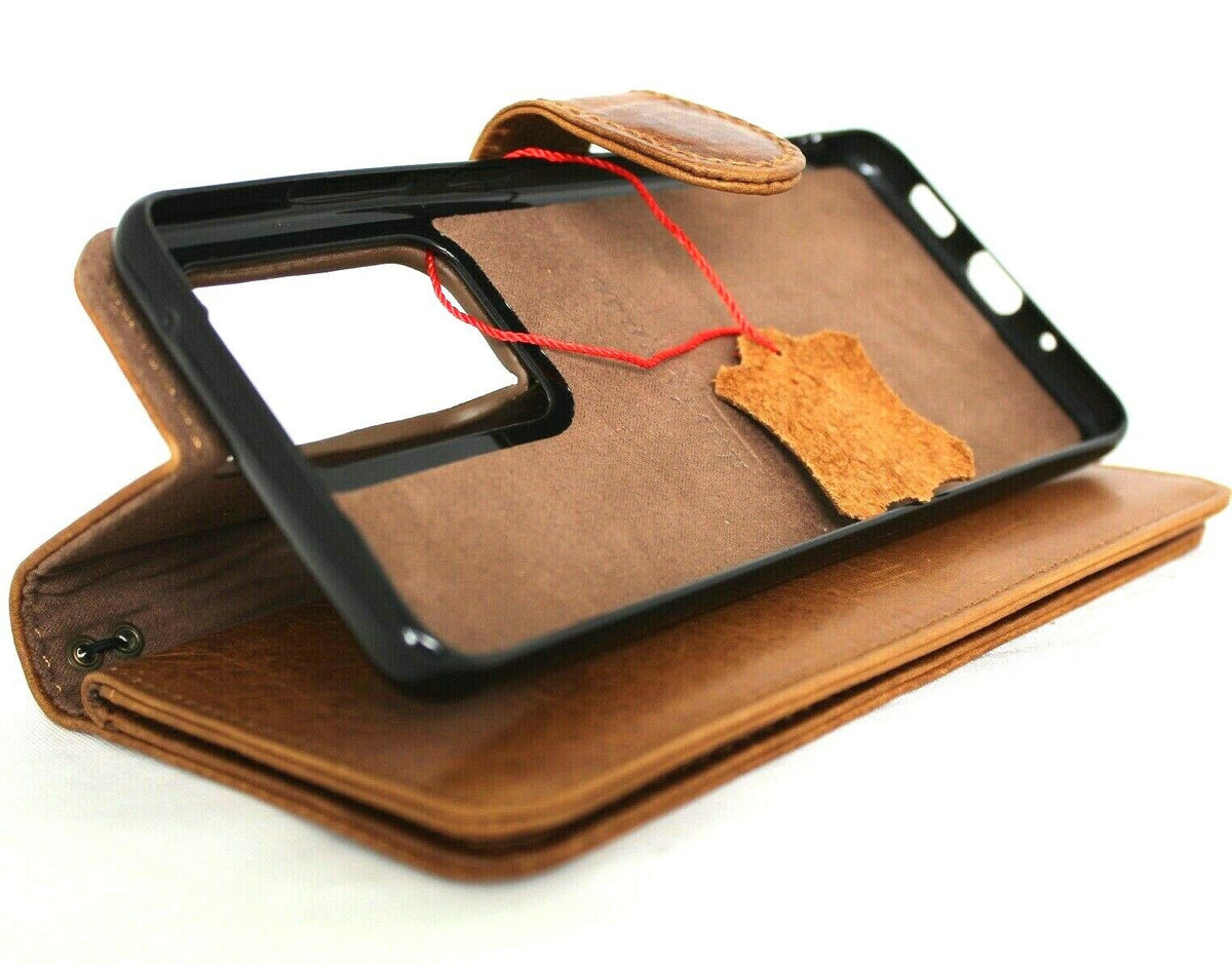 Genuine leather Samsung Galaxy S20 Ultra case by DAVISCASE with wallet design, card slots, magnetic closure, and removable cover.