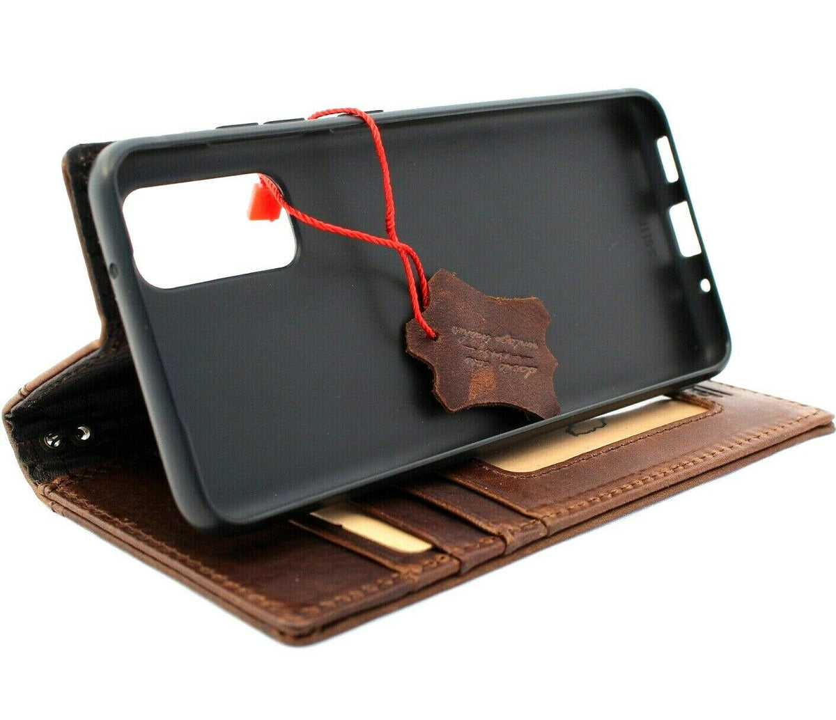 Genuine leather Samsung Galaxy S20 wallet case by DAVISCASE with card slots, wireless charging holder, and rubber ID section.