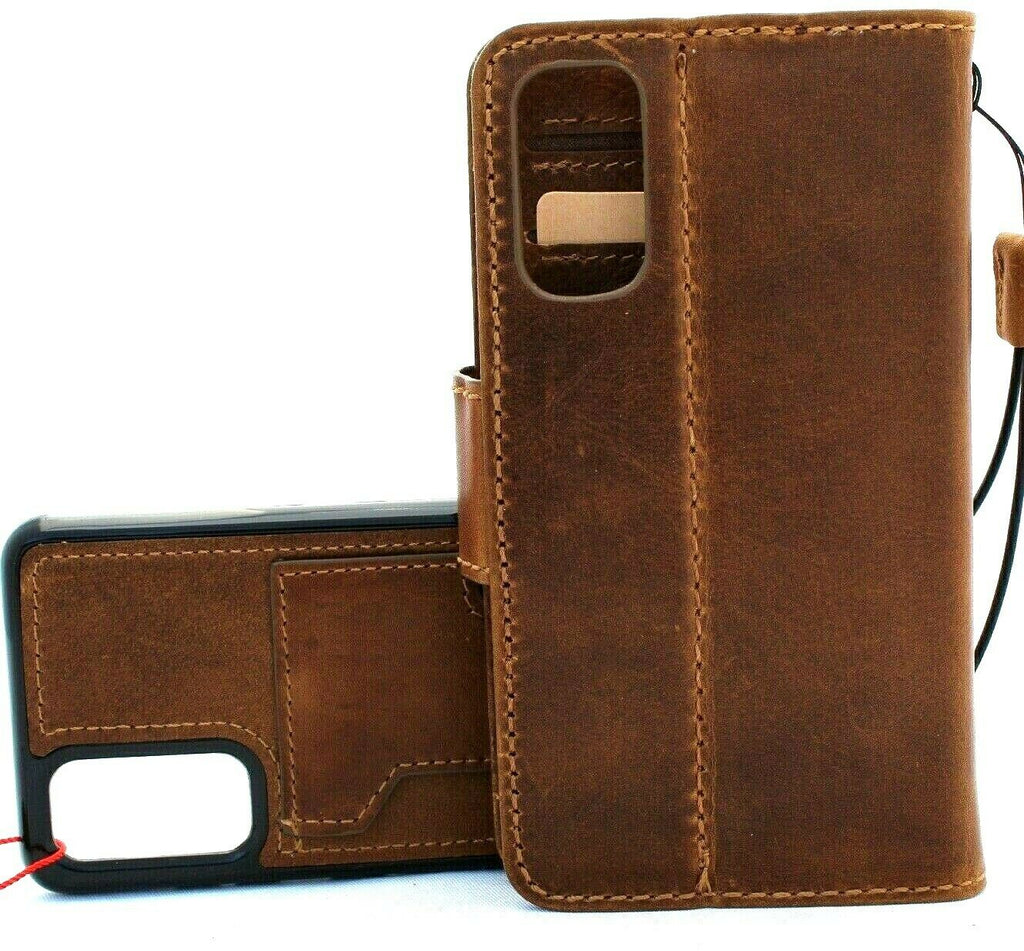 Genuine DavisCase full leather wallet case for Samsung Galaxy S20 with soft tan finish, removable slots, and rubber holder.