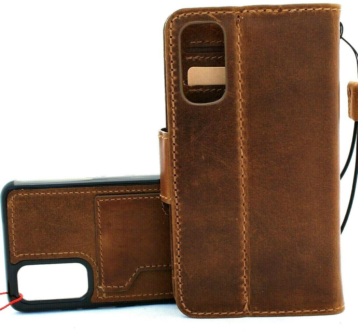 Genuine DavisCase full leather wallet case for Samsung Galaxy S20 with soft tan finish, removable slots, and rubber holder.