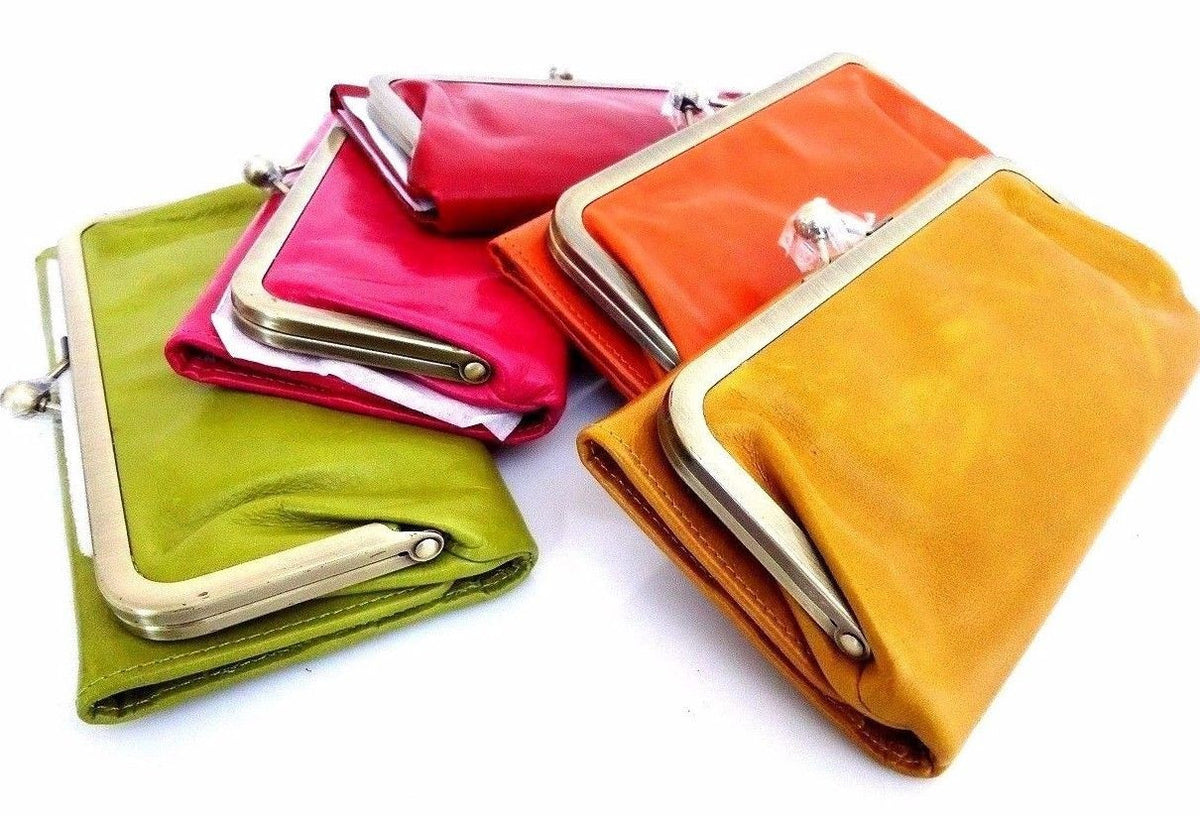 Green genuine leather women's wallet by DAVISCASE with card slots, coin pouch, and clutch design.