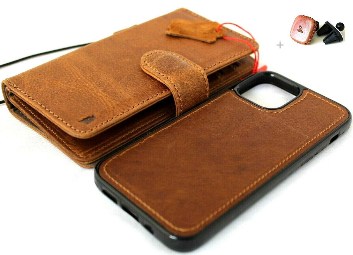 Genuine tan leather book wallet case for Apple iPhone 12 Mini by DAVISCASE, with credit card slots, soft closure, and detachable cover.