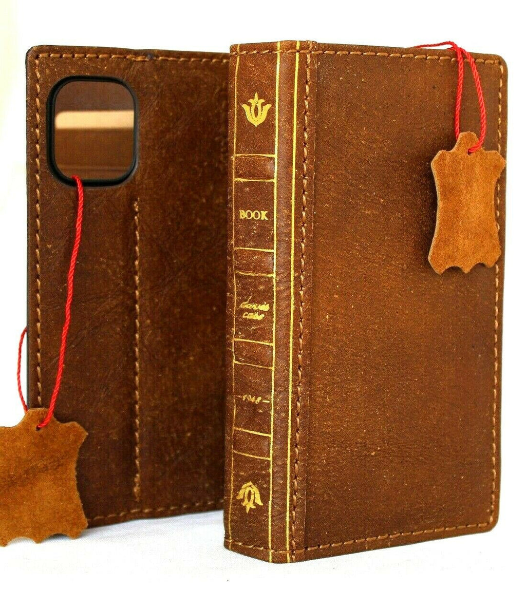 Genuine tan leather iPhone 12 Mini case with vintage Bible-style design, slim soft cover, handcrafted by DAVISCASE.