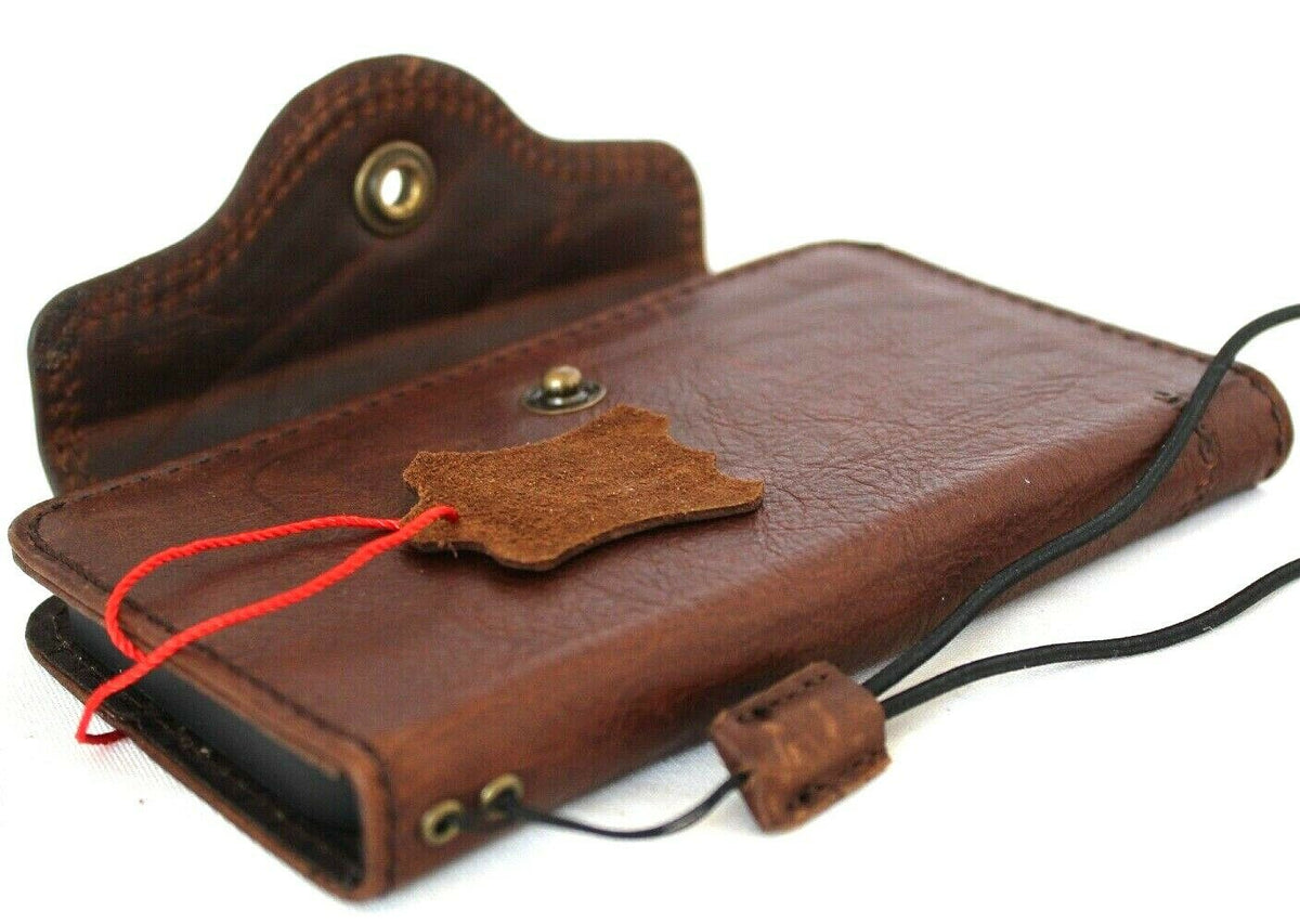 Dark leather iPhone 12 Mini case by DAVISCASE with vintage design, book-style wallet, credit card slots, slim soft closure.