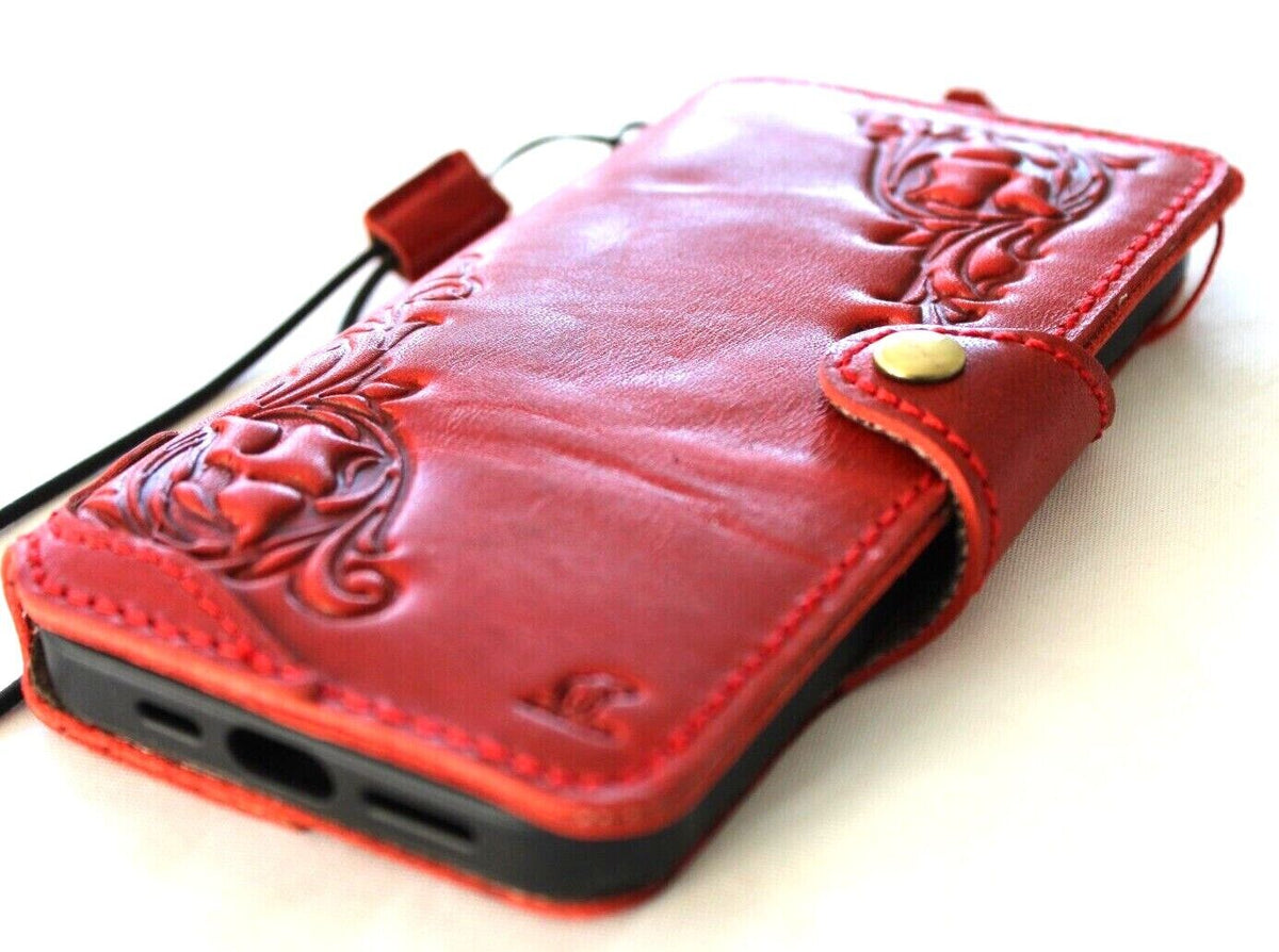 Handmade genuine leather phone case for iPhone 17, 14, 15 Pro Max by DAVISCASE with vintage red floral design and heat-stamped decorations.