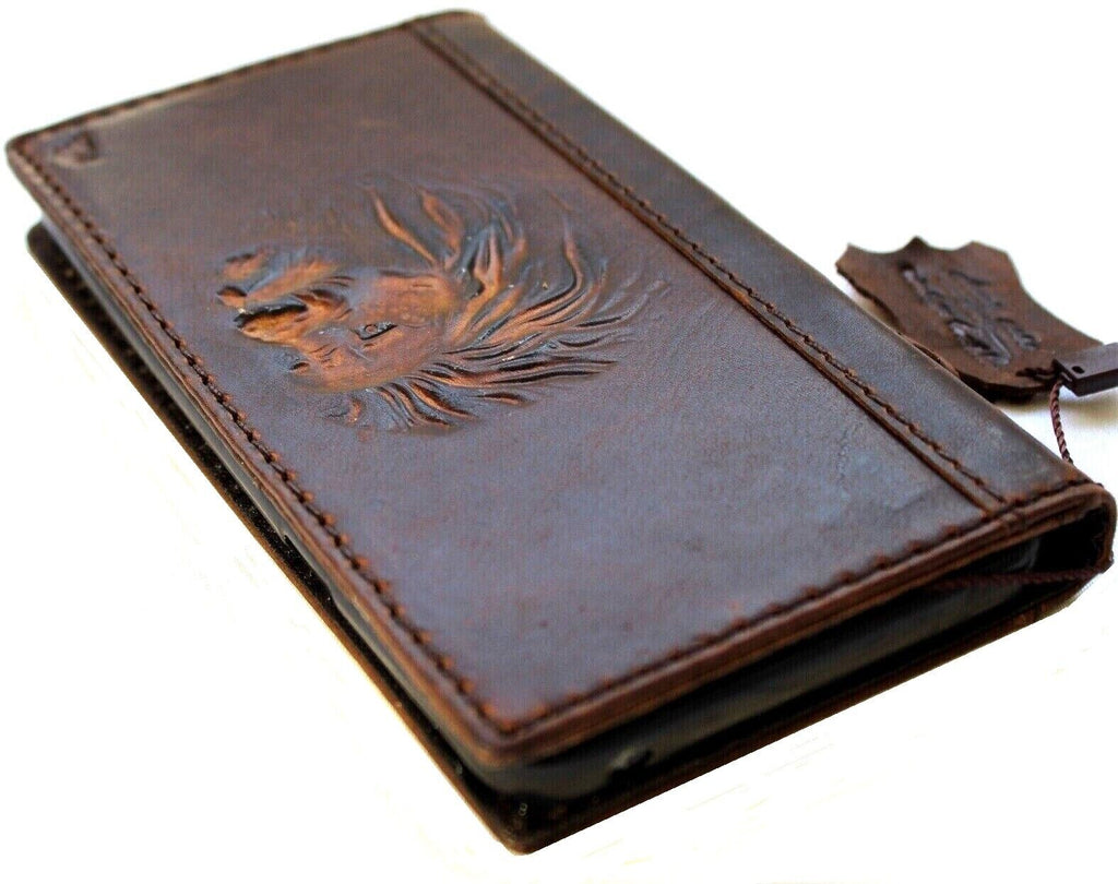 Handmade vintage leather phone case for Galaxy S22, S21, Z Fold models, featuring a lion design and wallet-style credit card holder.
