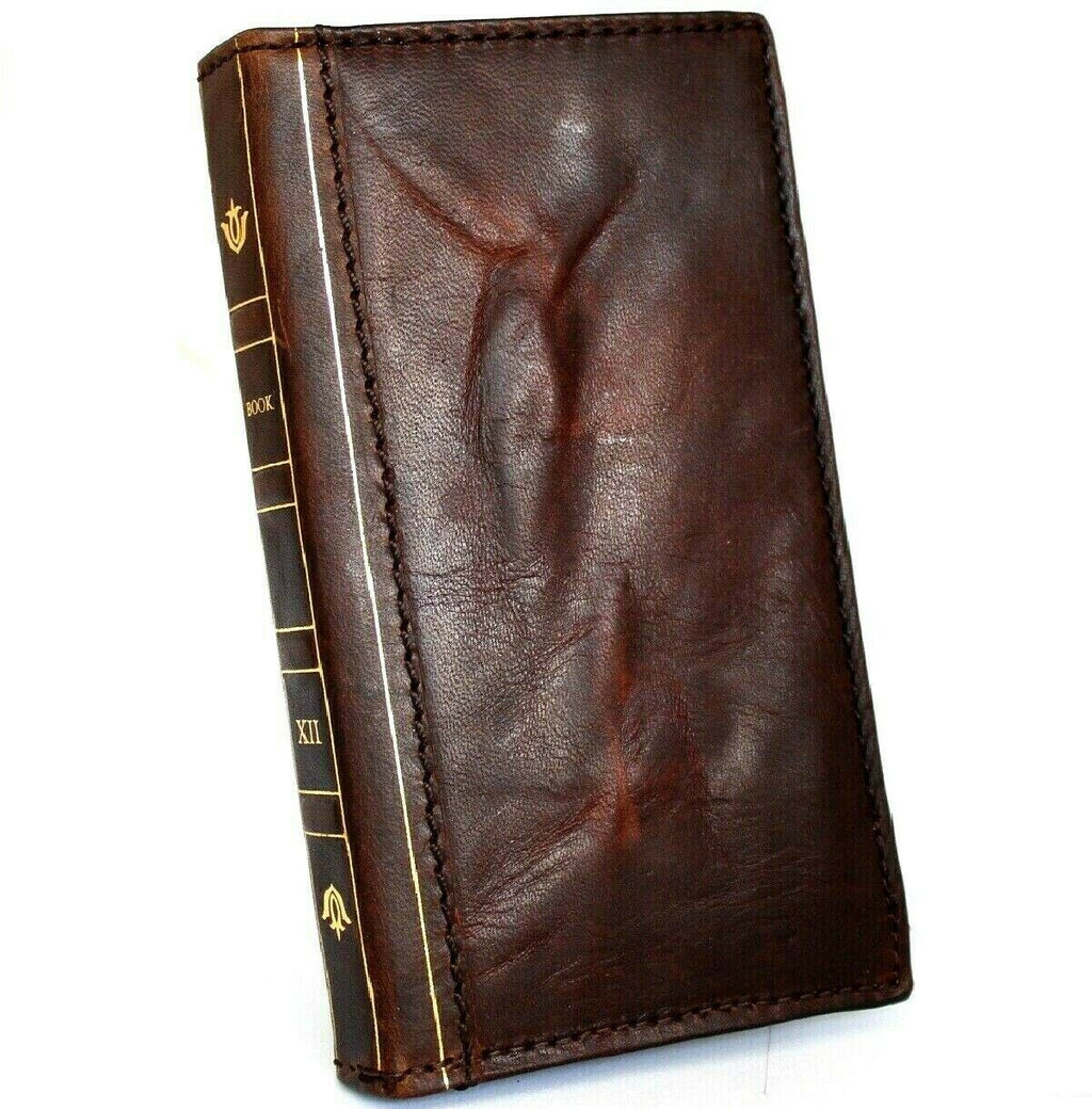 Handmade leather phone case for iPhone and Galaxy with wallet and mini Bible design, featuring a wrinkled texture and credit card slots.