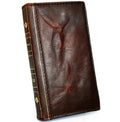 Handmade leather phone case for iPhone and Galaxy with wallet and mini Bible design, featuring a wrinkled texture and credit card slots.