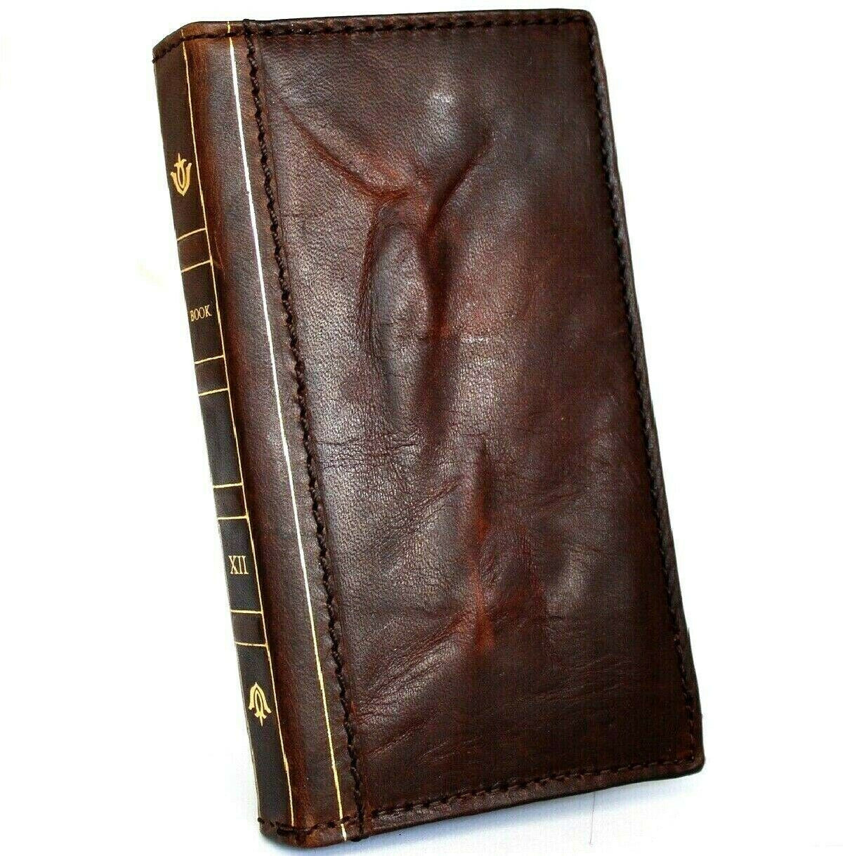 Handmade leather phone case for iPhone and Galaxy with wallet and mini Bible design, featuring a wrinkled texture and credit card slots.