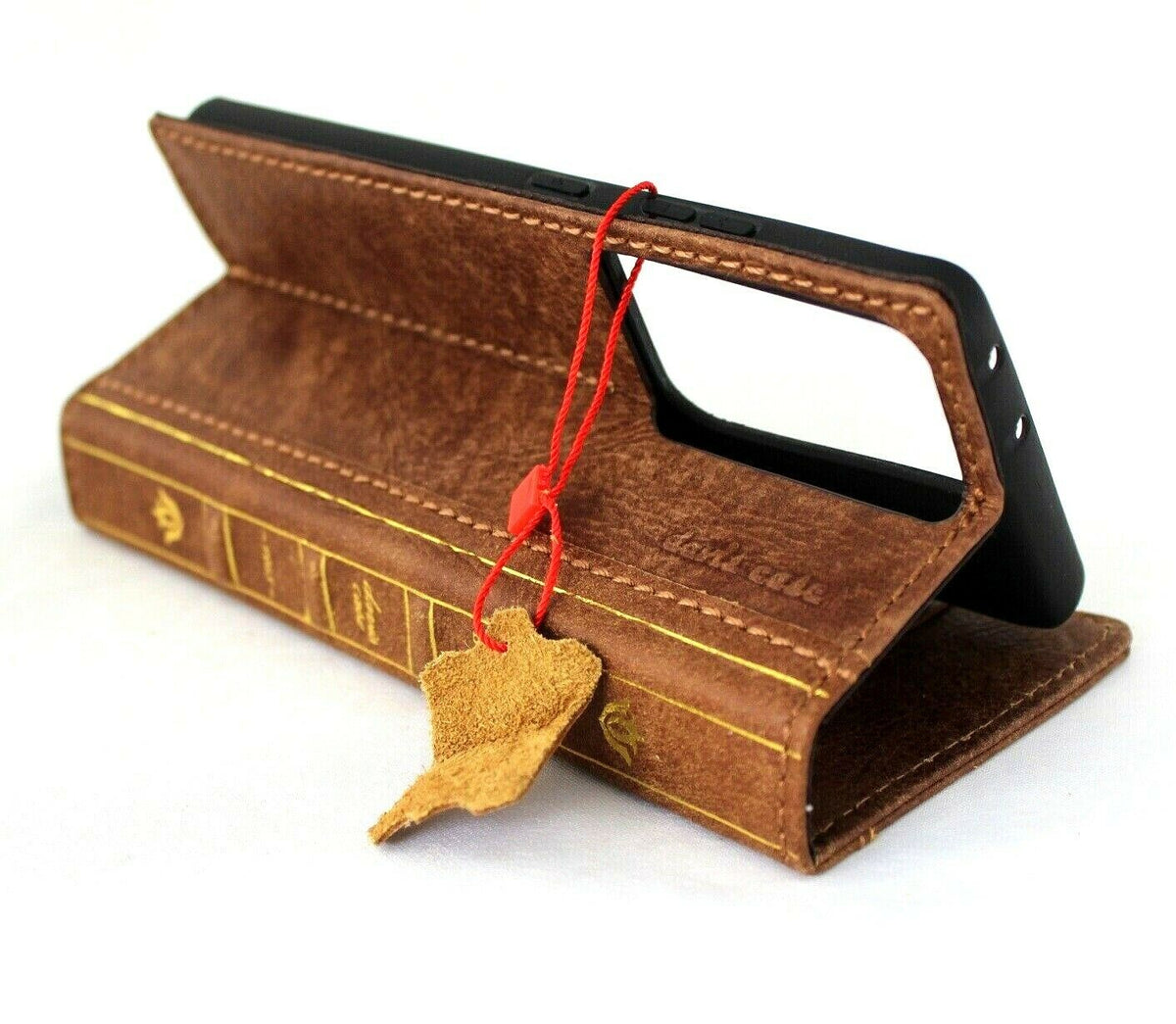 DavisCase genuine leather wallet phone case for Samsung Galaxy S21 Ultra 5G with card slots, wireless charging window, and Bible design.