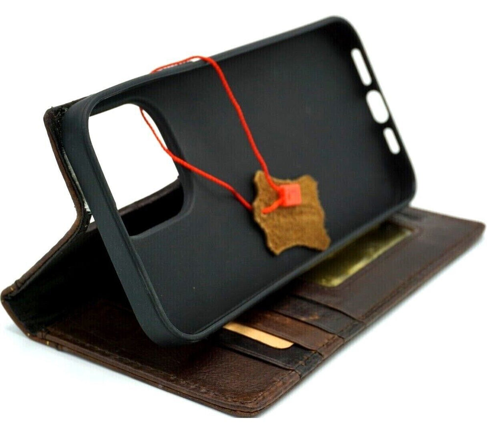 Handmade leather phone case for iPhone 11-15 Pro Max, vintage style with credit card slots and shark wood craft accents by DAVISCASE.
