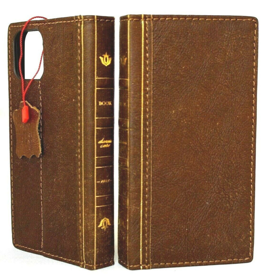 Genuine full tan leather wallet phone case for iPhone 12 Pro Max by DAVISCASE, with ID window and credit card slots, soft slim design.