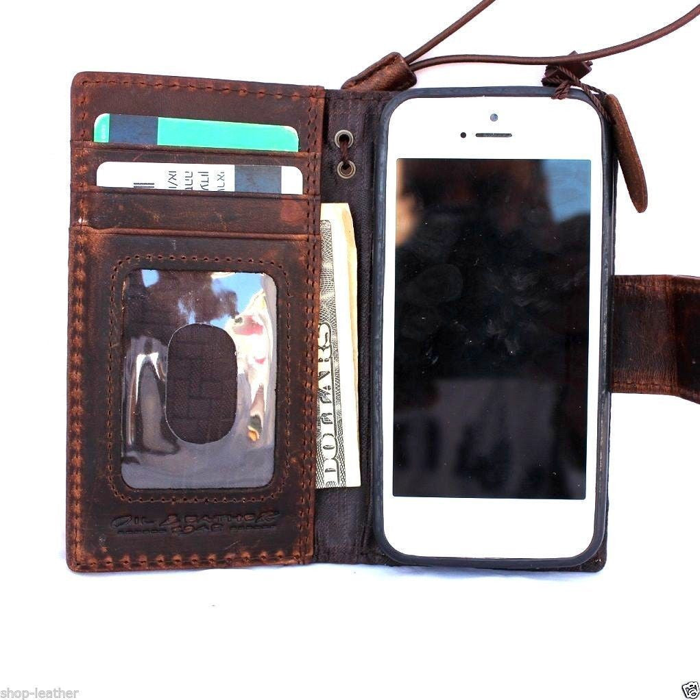 Vintage brown leather iPhone 4/4s hard case with wallet-style cover, handmade luxury phone case with book-style design.