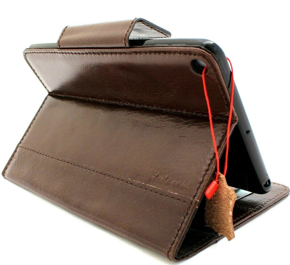 Genuine dark leather iPad Mini 5 (2019) case with card slots, handbag style design by DAVISCASE for 5th generation iPad.