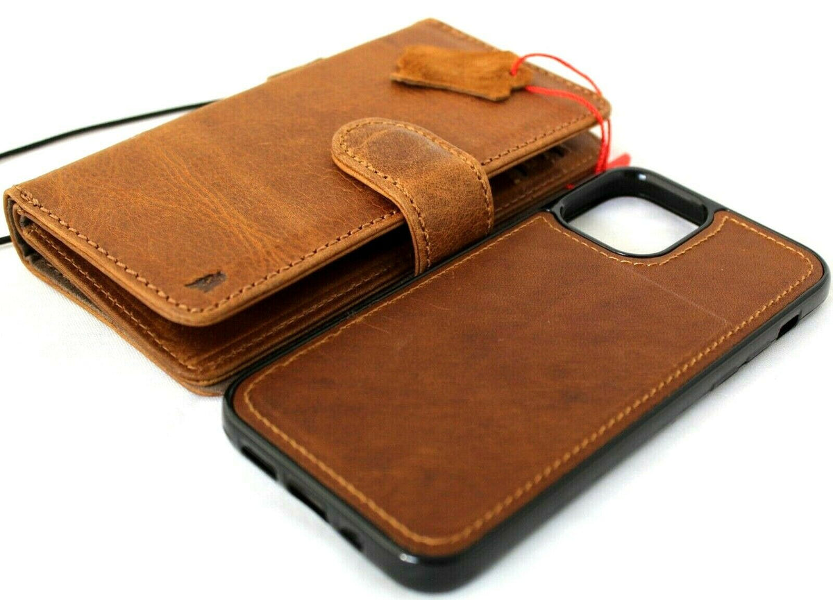 Genuine tan leather iPhone 12 Mini case with vintage book wallet design, credit card slots, magnetic closure, by DAVISCASE