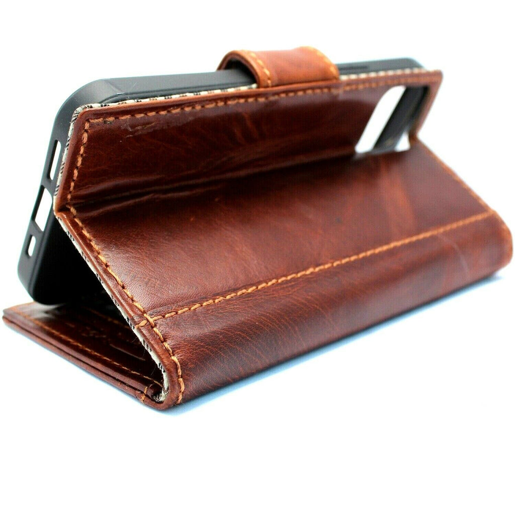 DavisCase genuine leather phone wallet case for iPhone 11 to 13 Pro, vintage style with ID window and credit card slots.