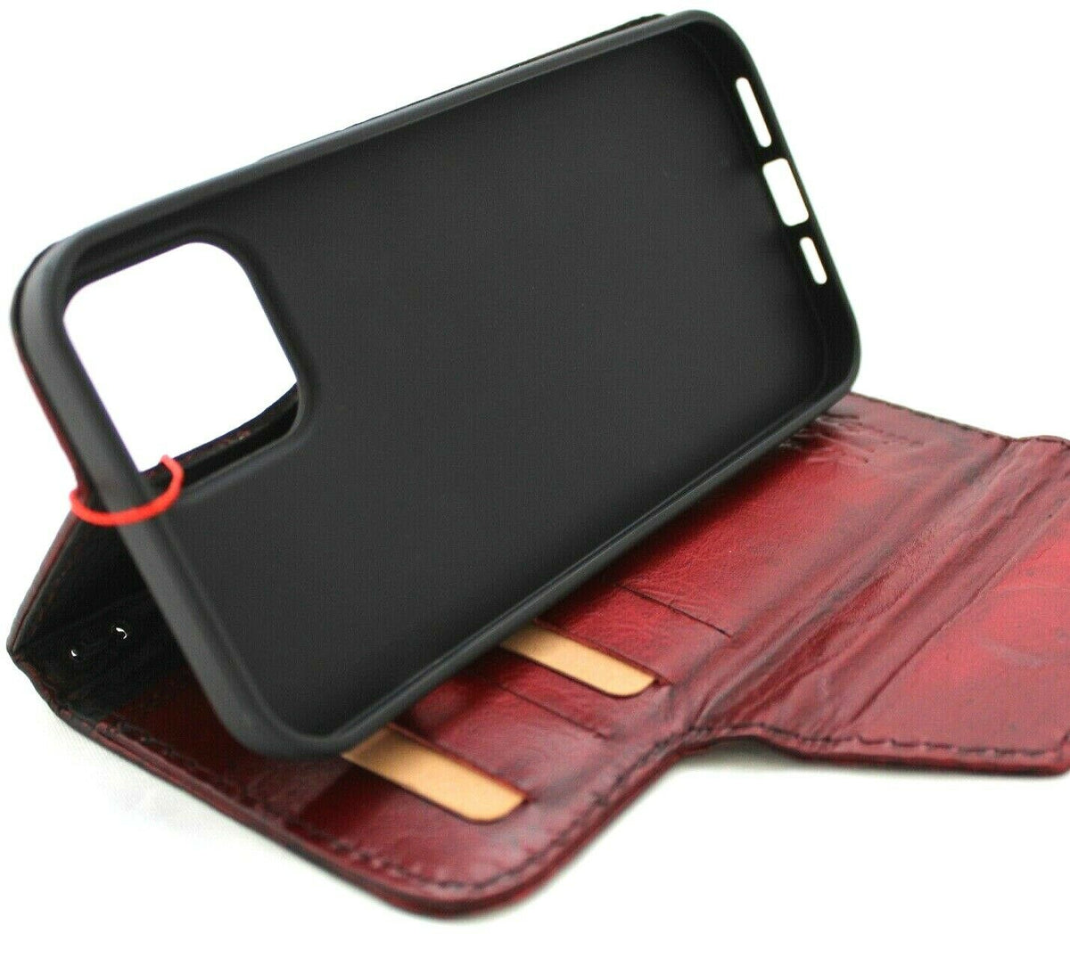 Wine red genuine leather wallet case for iPhone 13 Pro Max by DAVISCASE with credit card slots and soft cover.