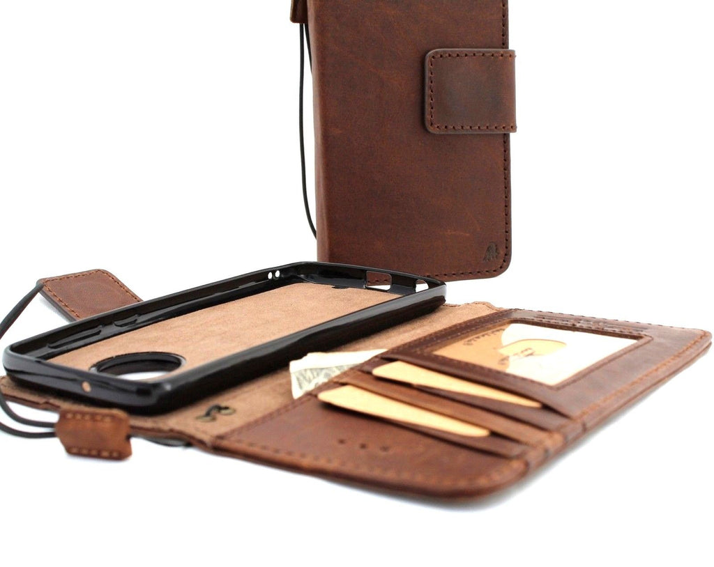 Handmade genuine leather phone case with wallet clip for Motorola Moto G6 Plus, featuring a magnetic closure and slim design.