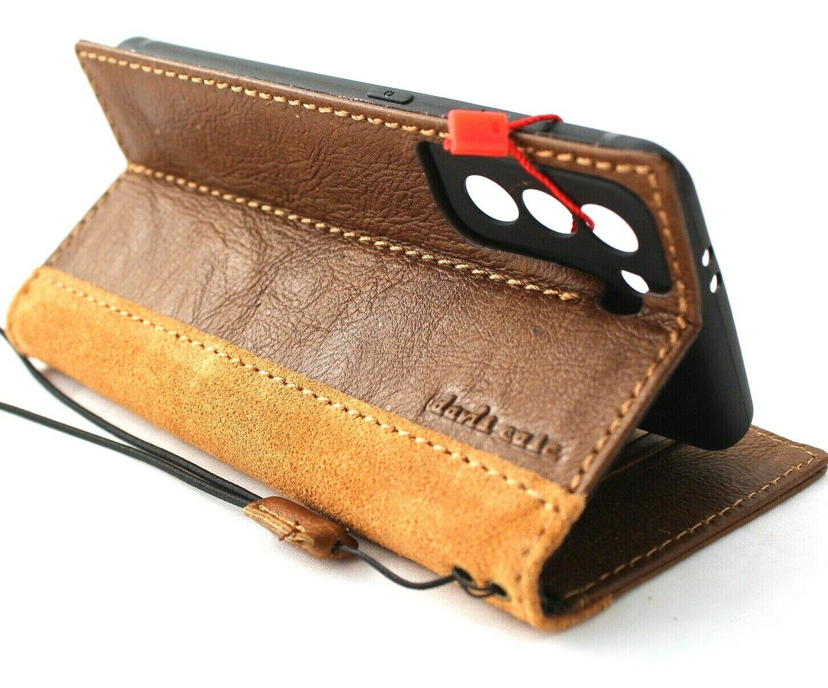 Genuine leather wallet case for Samsung Galaxy S21 by DAVISCASE with card slots, ID window, suede design, and slim tan finish.