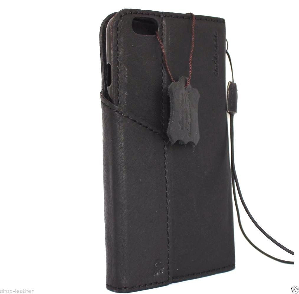 Black genuine leather iPhone 6s Plus case with wallet design, featuring card slots and magnetic closure.