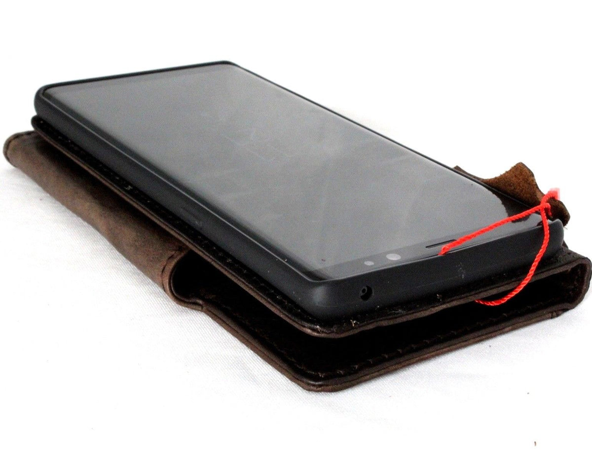 Vintage leather Samsung Galaxy Note 8 case with card slots, magnetic closure, dark brown holder, handmade phone wallet cover.