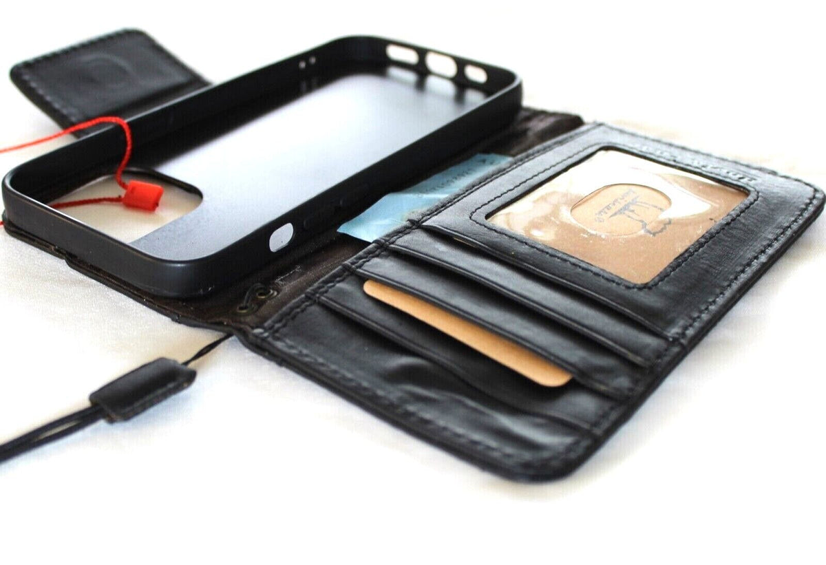 Handmade genuine leather phone case by DAVISCASE for iPhone 11-15 Pro Max, vintage style, ID window, credit card slots, black full grain leather
