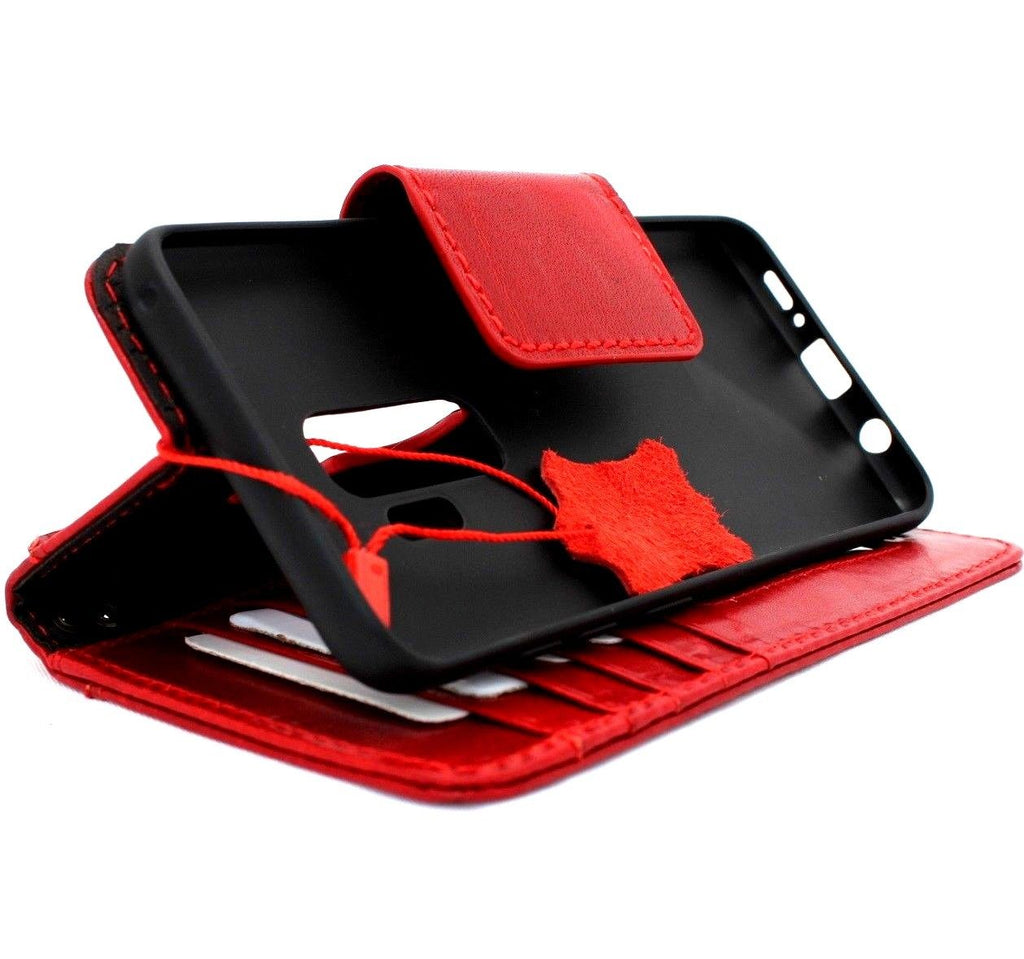 Handmade red wine leather wallet case for Samsung Galaxy S9 Plus with card slots and folio design.