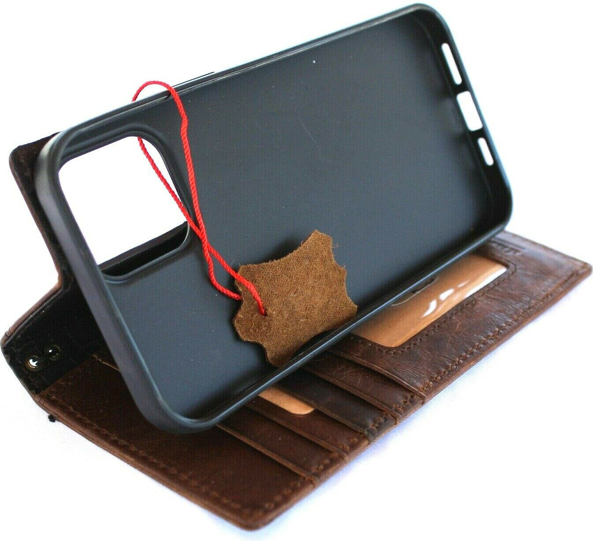 Handmade genuine leather phone case by DAVISCASE for iPhone 11-15 Pro Max, Galaxy S22 Ultra, vintage, full grain, wallet style.