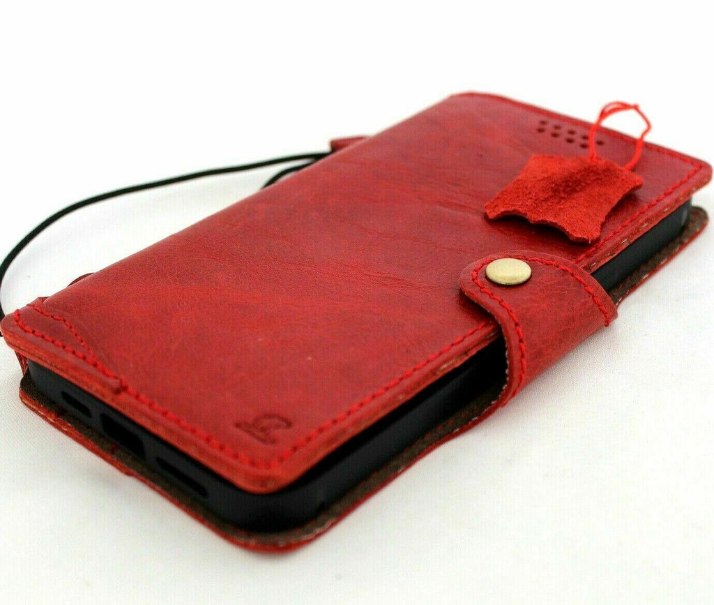 Handmade genuine leather phone case for iPhone 11-17 Pro Max with wallet card slots in rich Davis Red Wine leather.